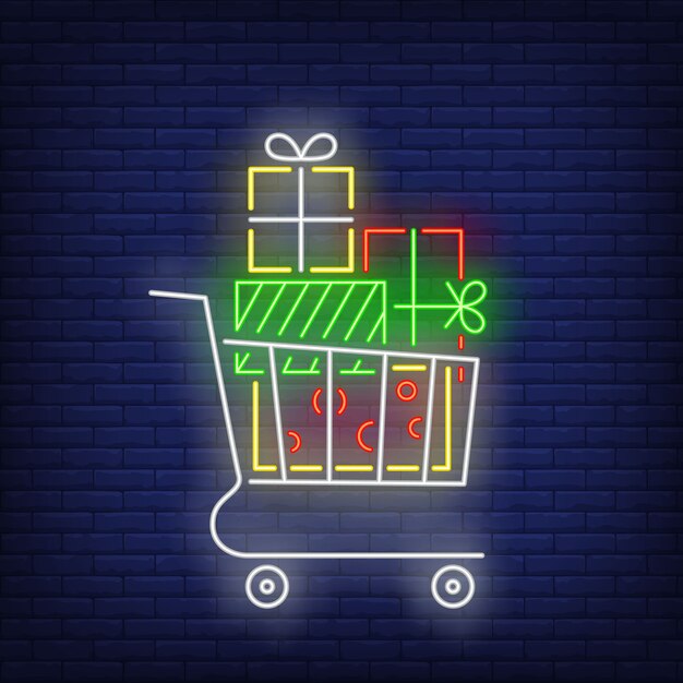 Pila de regalos en carrito en estilo neón