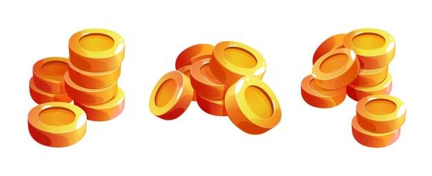 Pilas de tesoros de oro con monedas brillantes apiladas