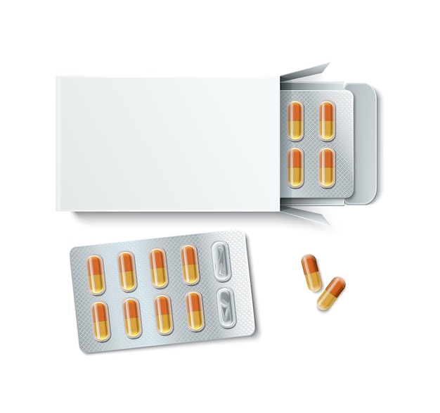 Píldoras, tabletas, cápsulas, blister, composición realista, paquete completo, ampollas por separado y unas pocas píldoras una al lado de la otra ilustración
