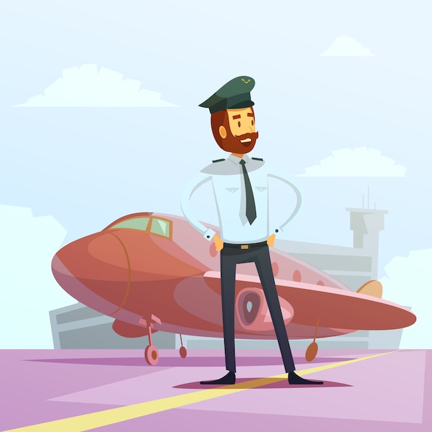 Vector gratuito piloto en un fondo de dibujos animados uniforme y plano