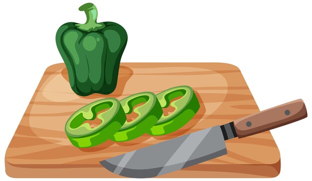 Pimienta verde en rodajas en la tabla de cortar