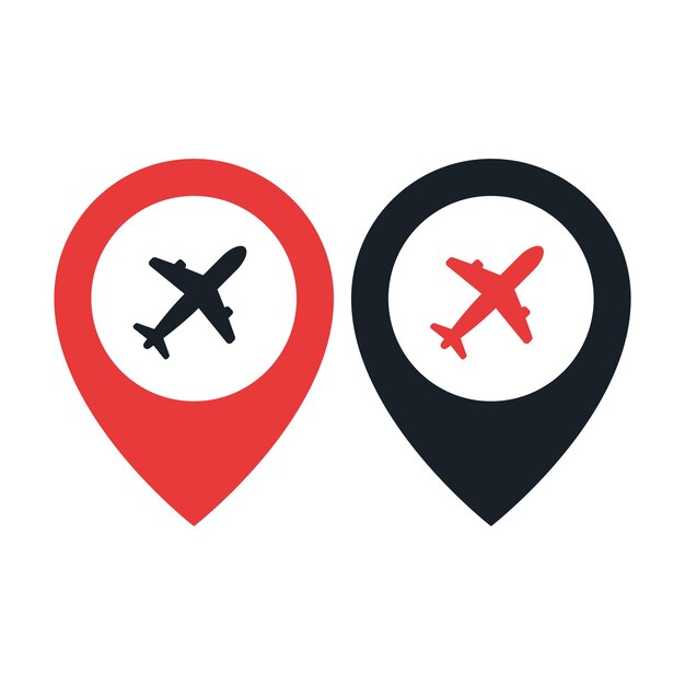 Pin de ubicación con avión negro y rojo