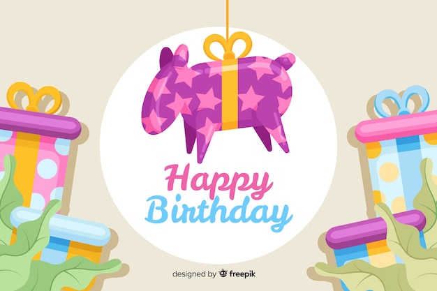 Vector gratuito piñata colgante con fondo de feliz cumpleaños