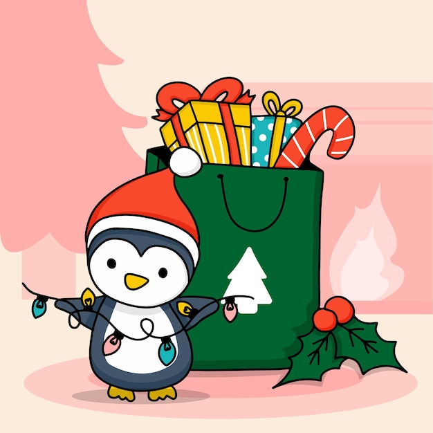 Vector gratuito pingüino con bolsa y cajas de regalo.