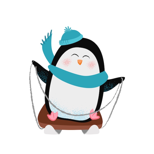 Pingüino de dibujos animados alegre en bufanda y sombrero de trineo