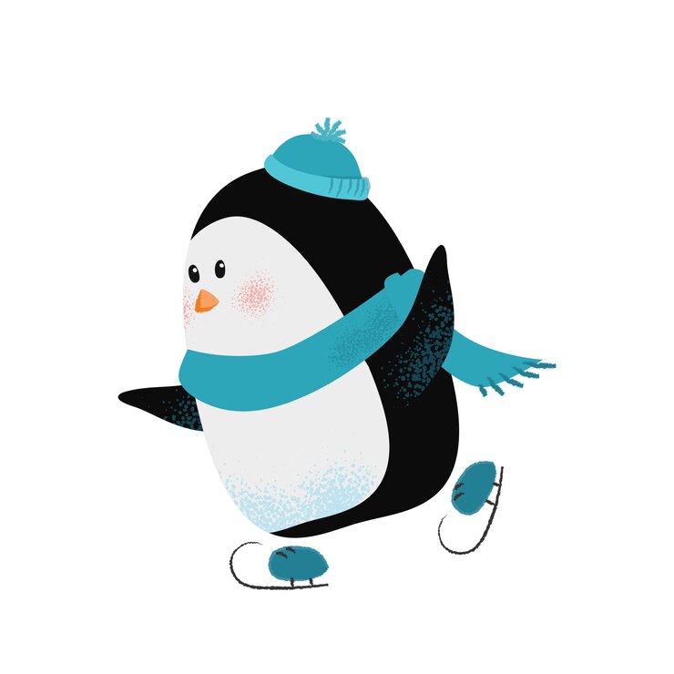 Vector gratuito pingüino de dibujos animados lindo en bufanda y sombrero disfrutando de patinaje