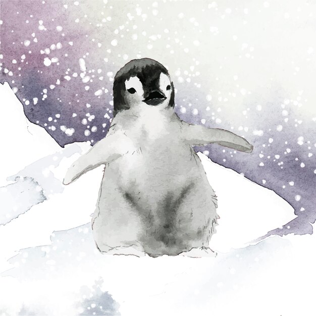 Pingüino emperador joven en el vector acuarela de nieve