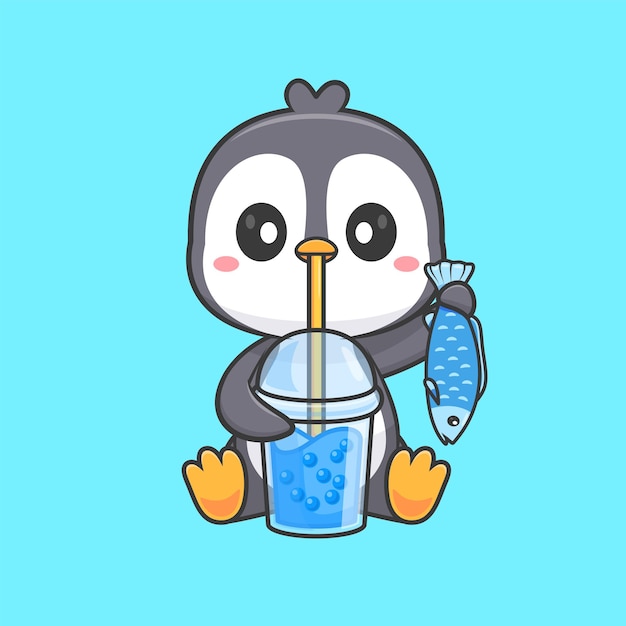 Vector gratuito pingüino lindo bebiendo té de leche de boba con pescado ilustración de icono vectorial de dibujos animados bebida animal aislada