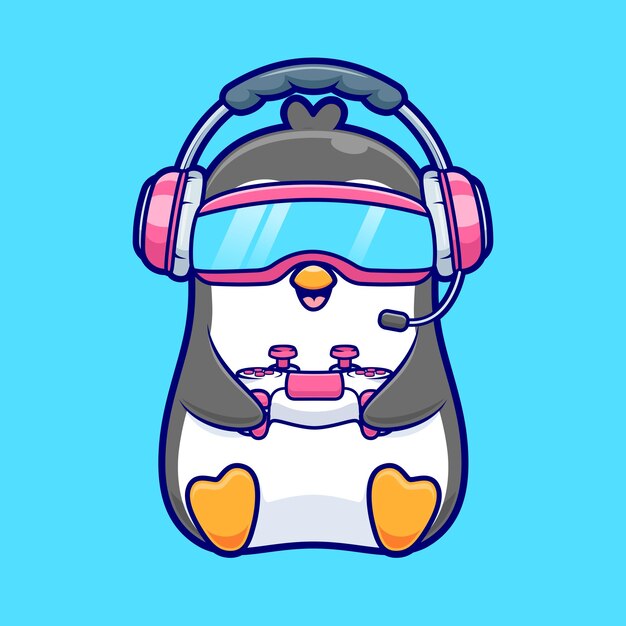 Pingüino lindo jugando al juego Vr con controlador Icono vectorial de dibujos animados Ilustración Tecnología animal