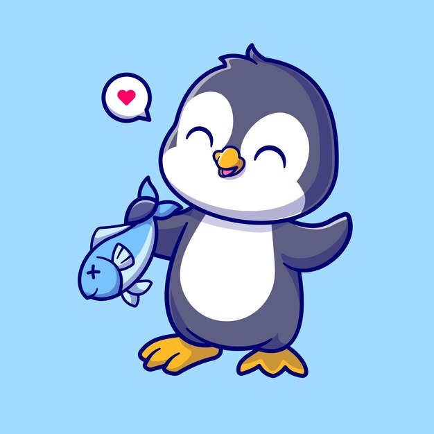 Pingüino lindo que sostiene la ilustración del icono del vector de la historieta de los pescados. Concepto de icono de naturaleza animal plano aislado