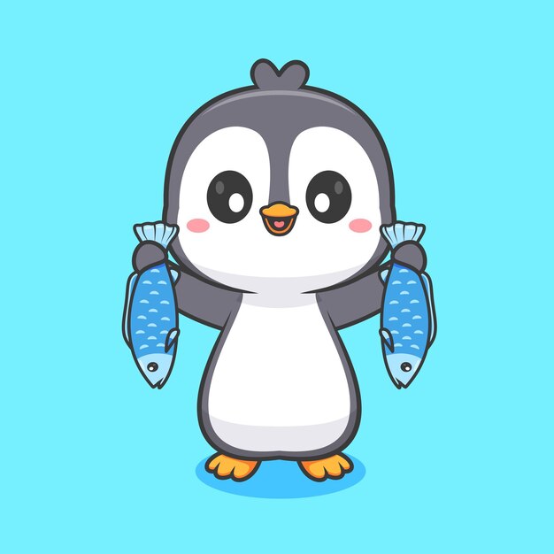 Pingüino lindo sosteniendo pescado Ilustración de icono vectorial de dibujos animados Icono de comida animal Concepto plano aislado
