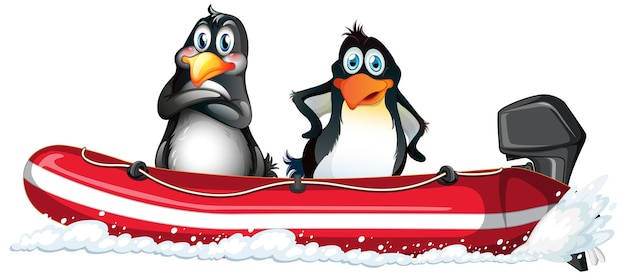 Vector gratuito pingüinos en un bote inflable a motor