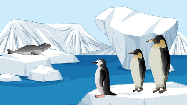 Los pingüinos y las focas en el hábitat helado