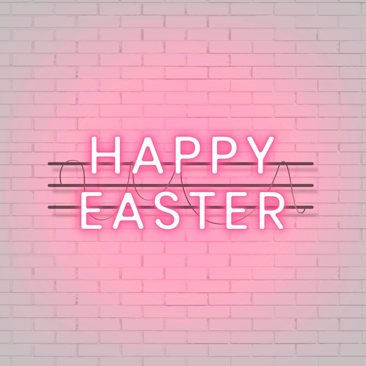 Vector gratuito pink happy easter letrero de neón en un vector de pared de ladrillo blanco