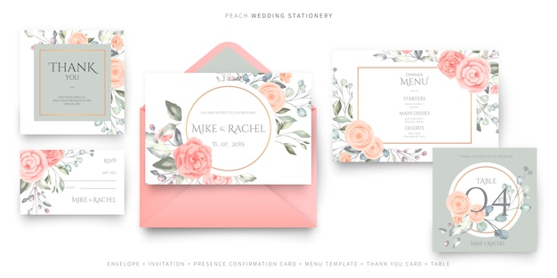 Vector gratuito pink wedding stationery, plantilla de tarjeta de invitación, rsvp, tarjeta de agradecimiento y plantilla de menú