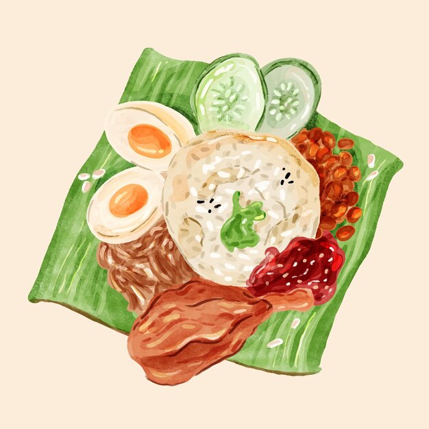 Pintado a mano de acuarela nasi lemak