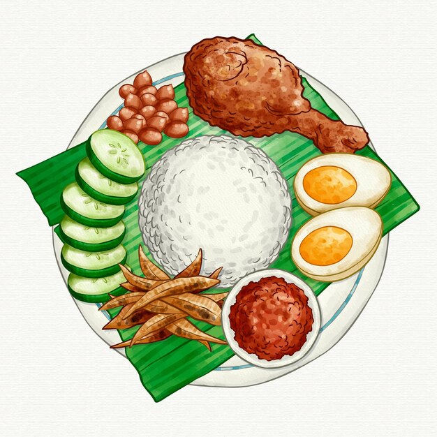 Pintado a mano de acuarela nasi lemak