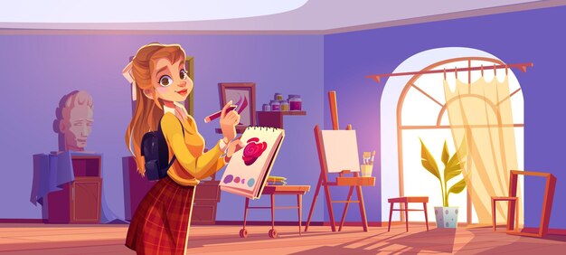 Vector gratuito pintora de niña en estudio de arte con lienzo y pinceles