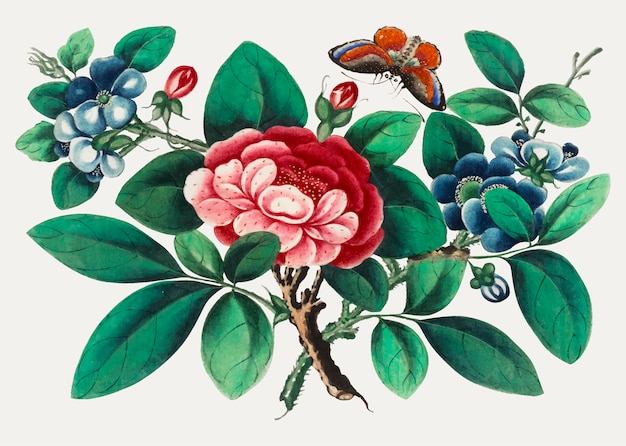 Pintura china con flores y mariposas.