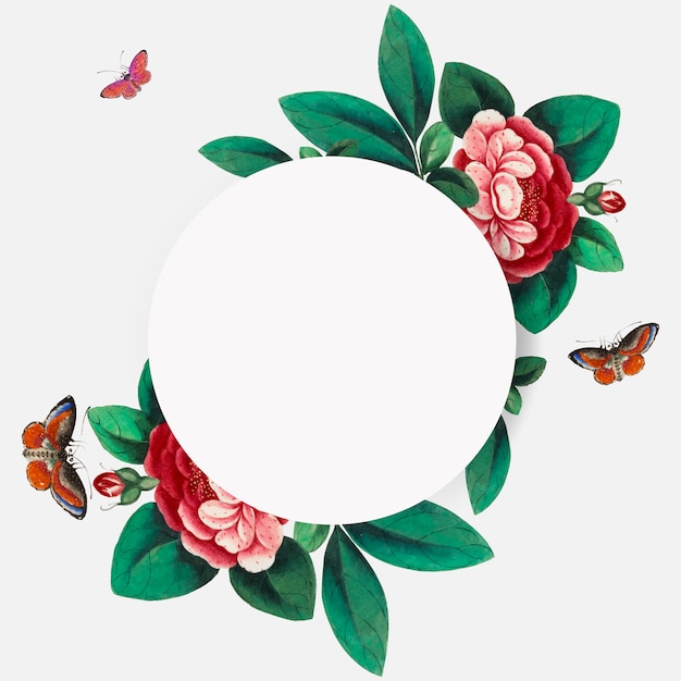 Pintura china con vector de marco de círculo de flores en blanco