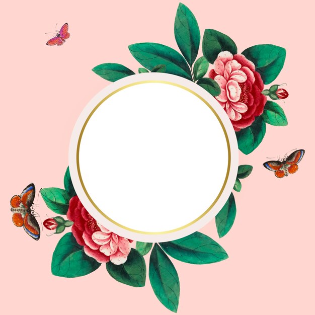 Pintura china con vector de marco de círculo de flores en blanco