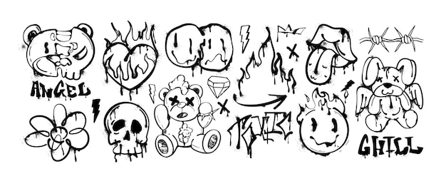 Pintura en spray graffiti oso negro fuego corazón boca derritiendo sonrisas y etiquetas de la calle
