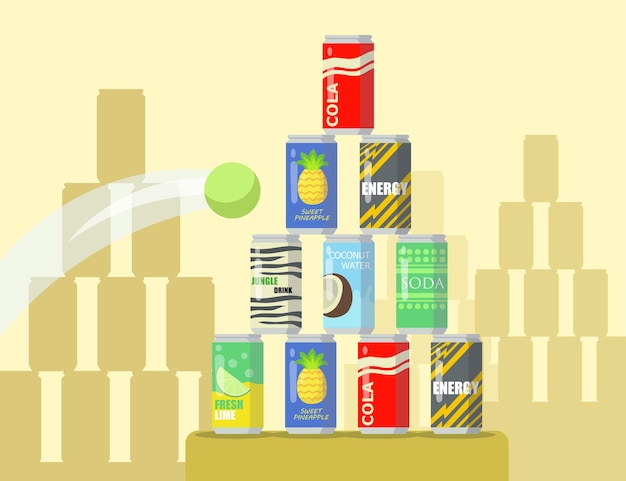 Vector gratuito pirámide de dibujos animados de ilustración plana de latas de limonada. pelota de tenis volando en la pirámide de diferentes bebidas enlatadas que se muestran en el escaparate