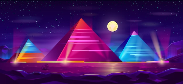 Vector gratuito pirámides egipcias dibujos animados paisaje nocturno
