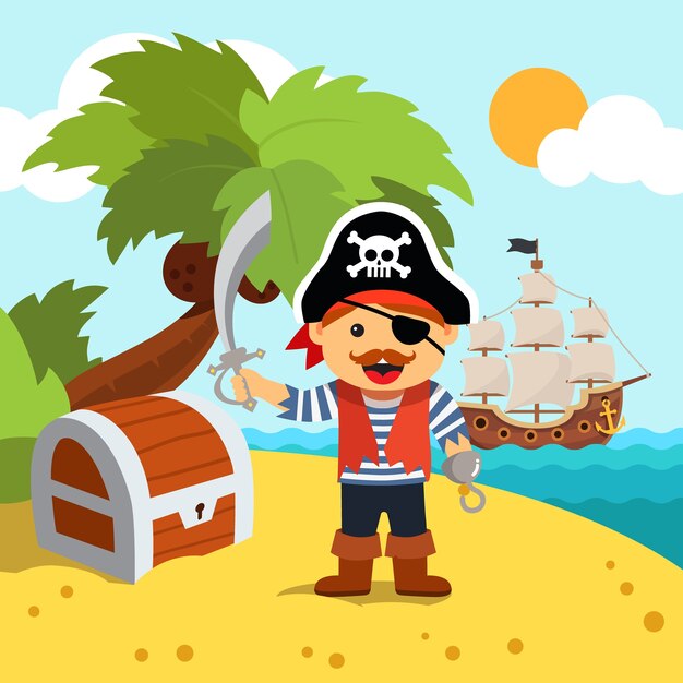 Pirata, capitán, isla, orilla, tesoro, pecho