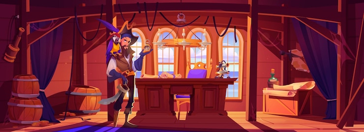 Vector gratuito pirata clavado con loro de pie en la cabina