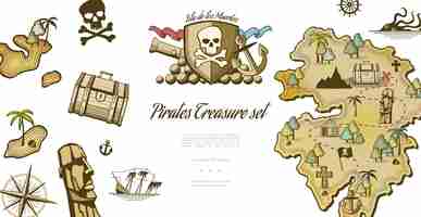 Vector gratuito pirata, colección de elementos con máscara tribal cofre cerrado barco hundido brújula cañón ancla isla kraken con camino a la ilustración del tesoro