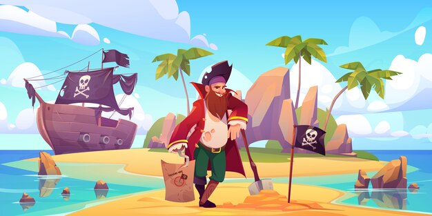 Pirata enterrado cofre del tesoro en isla tropical