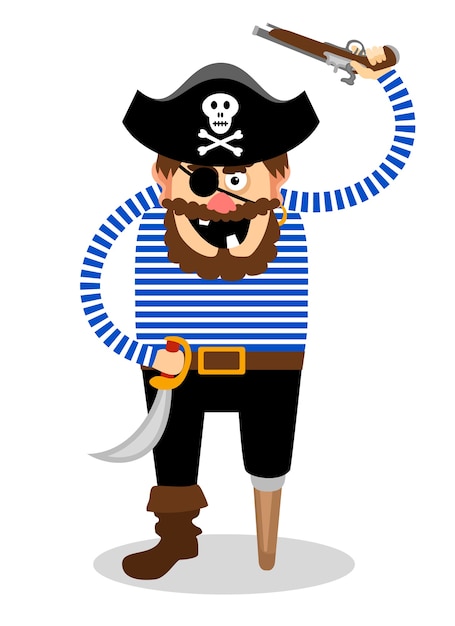 Pirata estereotipado sobre un fondo blanco con una clavija de madera