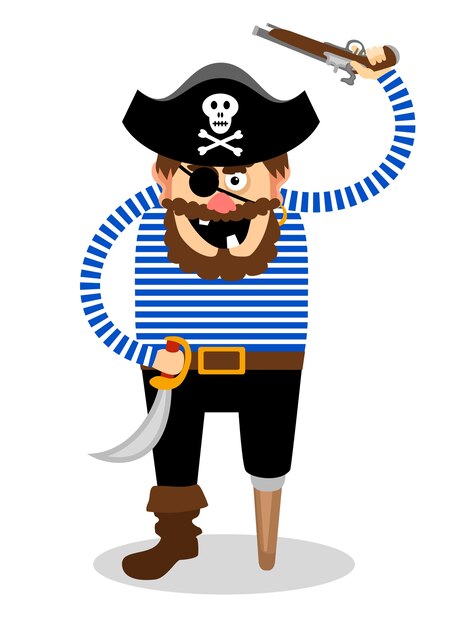 Pirata estereotipado sobre un fondo blanco con una clavija de madera