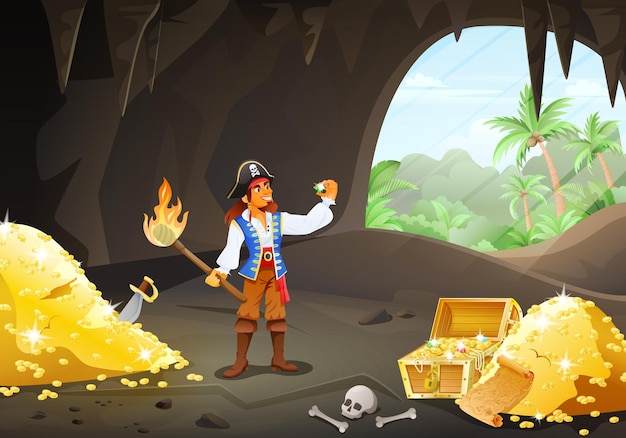 Un pirata examina una joya en una cueva llena de tesoros en la ilustración vectorial de dibujos animados de la isla