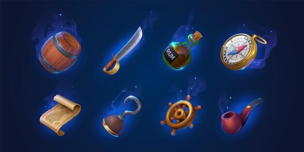 pirata, iconos, ron, brújula, mapa, barril, espada