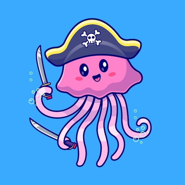 Vector gratuito pirata lindo de las medusas que sostiene la ilustración del icono del vector de la historieta de la espada. animal vacaciones aislado