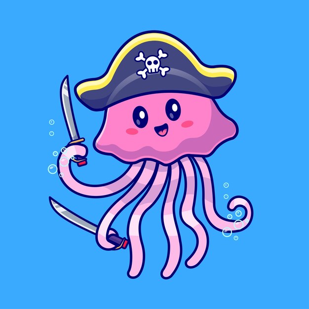Pirata lindo de las medusas que sostiene la ilustración del icono del vector de la historieta de la espada. Animal vacaciones aislado