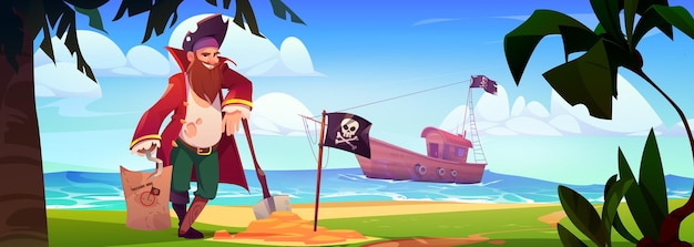 Pirata de pie en la playa con un mapa del tesoro