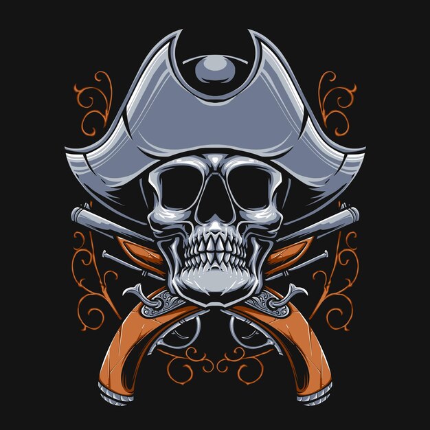 Piratas del cráneo con ilustración de pistola vintage