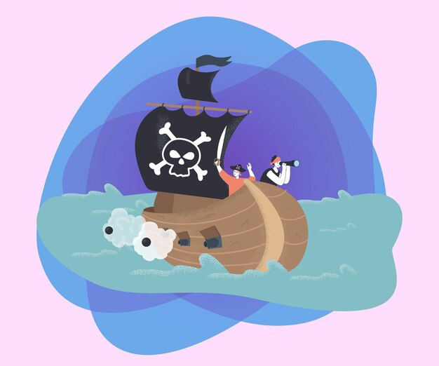 Piratas de dibujos animados que navegan en un barco