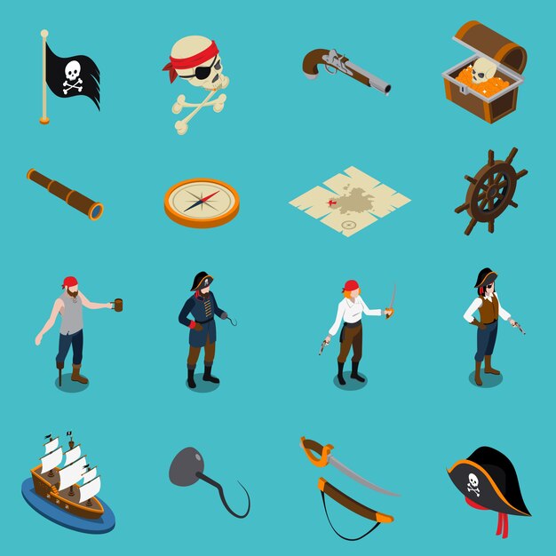 Piratas iconos isométricos