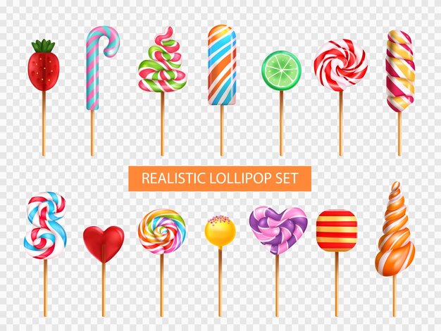 Piruleta caramelo varios sabor sabor forma espiral arco iris corazón fresa lima fondo transparente realista conjunto vector ilustración
