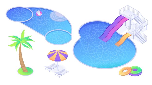 Piscina isométrica, toboganes, palmera y sombrilla con tumbonas, anillas hinchables y bola. Artículos de playa o hotel de verano para entretenimiento divertido en el parque acuático, ilustración vectorial 3d, conjunto de iconos