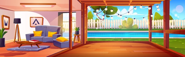 Vector gratuito piscina en el patio trasero con patio de madera y cerca y interior de la sala de estar con sofá escena de casa de campo vectorial de dibujos animados con terraza para relajarse piscina en el patio y sala de estar