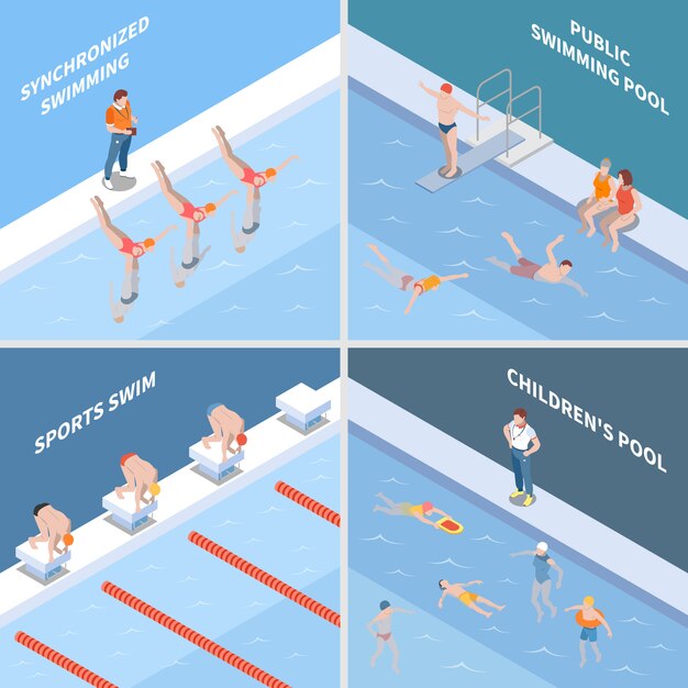 Piscina pública natación sincronizada carrera deportiva y cuenca infantil concepto isométrico aislado