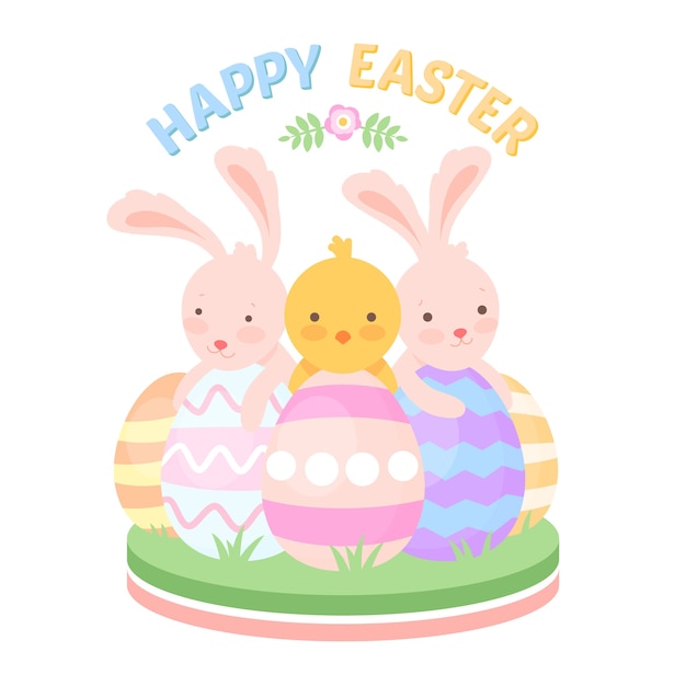 Vector gratuito piso feliz día de pascua con conejos