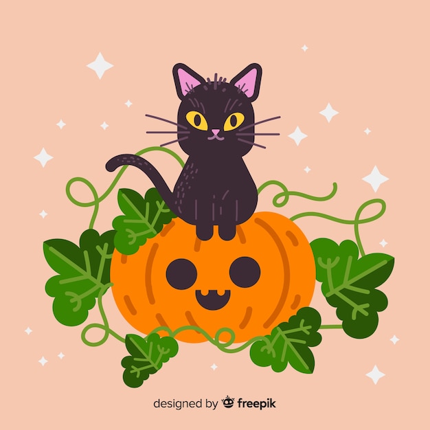 Piso halloween lindo gato y calabaza con hojas