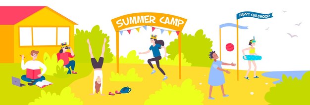 Piso con niños alegres que pasan vacaciones en la ilustración del campamento de verano,