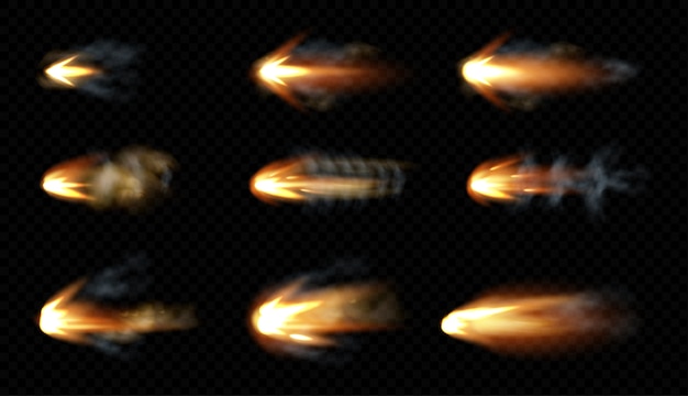 Pistola destella con humo y destellos de fuego. Nubes de disparos de pistola, explosión de escopeta de boca. Movimiento explosivo, senderos de balas de armas aisladas sobre fondo negro. Ilustración 3d realista, conjunto de iconos